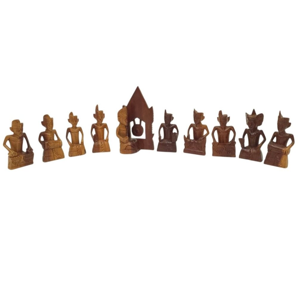 Indonesian Hand Carved Wood Figures 3" Miniatures Tribal Gamelan Band Balinese